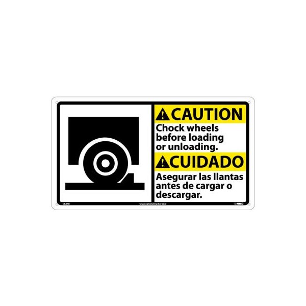 Bilingual Plastic Sign - Caution Chock Wheels Before Loading Or Unloading